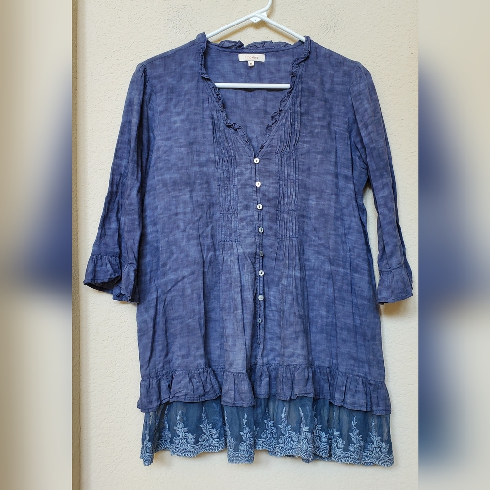 Sundance Indigo Ruffled Lace Hem Boho Blouse.  Size Medium